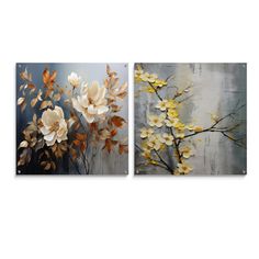 two paintings with white flowers on them and one has yellow leaves in the foreground