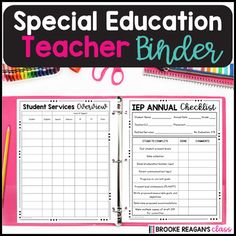 a binder with the words special education teacher binder written on it and scissors