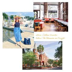 a collage of photos showing the interior and exterior of an apartment building, along with a woman in a blue dress