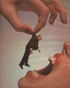 two hands reaching for a miniature man's mouth