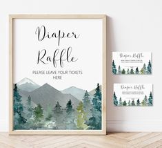 a watercolor mountain scene with the words diaper raffe please leave your tickets here