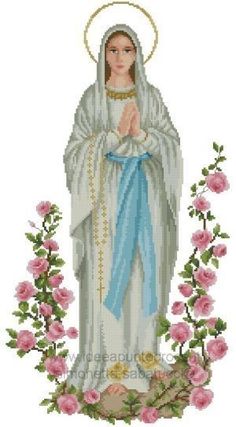 a cross stitch image of the virgin mary with pink roses in front of her,