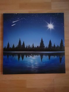 a painting of a night sky over a lake with trees and a shooting star above it