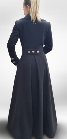 "Wool Coat Women, Black Victorian Coat, 70s Clothing Crafted in soft winter wool cashmere, this beautiful belted swing overcoat for women is an elegant cover-up this season. Cinched at the waist, this long winter coat will give any lady a stunning princess silhouette that is bound to turn heads! With this maxi satin-lined coat, cozy has never been so chic. 🌀 IMPORTANT: The hat is not included in the price of the coat but is also one of my designs, so if you are looking to complete your outfit, Luxury Black Wool Coat For Evening, Black Coat Dress Women, Luxury Black Long Coat Parka, Luxury Long Coat For Larp, Luxury Formal Peacoat With Concealed Placket, Luxury Formal Peacoat With Hidden Button Closure, Luxury Long-sleeved Wool Coat With Faux Fur Trim, Black Winter Sweater Coat, Black Wool Dress Coat