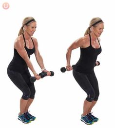 a woman doing dumbbell exercises with two different weights in front of her and behind her