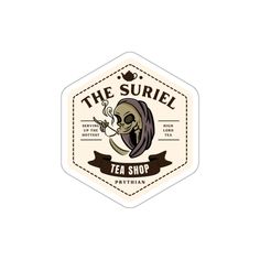 the suriel tea shop sticker with a skull and cross bones on it's side