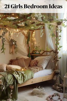 a canopy bed with lights hanging from it's sides and greenery on the ceiling