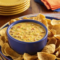 a blue bowl filled with cheese dip surrounded by tortilla chips