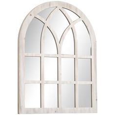 a white arched window with mirrors on the sides and an arched glass door in the middle