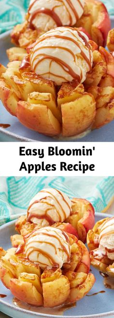 two plates filled with apples covered in caramel drizzle and ice cream on top