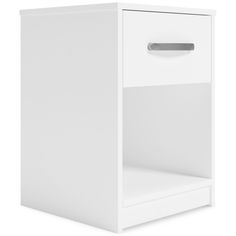 a white cabinet with an open drawer on the bottom and one door in the middle