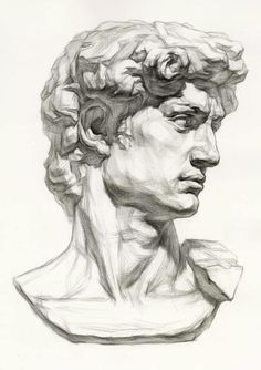 a black and white drawing of a man's head with curls on his hair