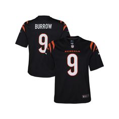 Let your youngster show off his team spirit with this Cincinnati Bengals Joe Burrow Game jersey from Nike!Let your youngster show off his team spirit with this Cincinnati Bengals Joe Burrow Game jersey from Nike!PRODUCT FEATURESShort sleeveMachine wash with garment inside out, tumble dry lowImportedJersey Color Style: TeamDri-FIT technology wicks away moistureOfficially licensedNike GameScreen print name, numbers and team detailsSide splits at hemSatin woven jock tagShort sleeveLoose fitMaterial Nike Team Spirit Jersey With Team Logo, Nike Sports Season Jersey For Fans, Nike Sports Fan Jersey, Nike Sports Jersey For Sports Season, Black Jersey For Sports Season Fan Merchandise, Black Sports Season Fan Merchandise Jersey, Nike Black Top For Game Day, Nike Black Tops For Game Day, Nike Football Season Jersey With Team Name