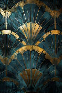 an art deco wallpaper design with gold and blue fan shaped designs on the side