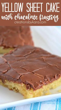 a yellow sheet cake with chocolate frosting on a plate