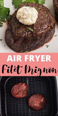 an air fryer with steak and potatoes on it