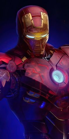 the iron man suit is shown in front of a dark background with blue and red lights