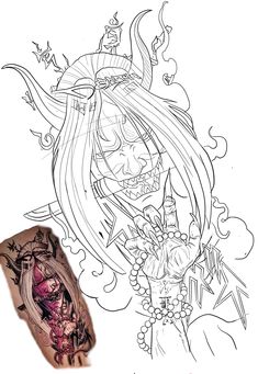 a drawing of a girl with long hair and tattoos on her arm next to a tattoo design