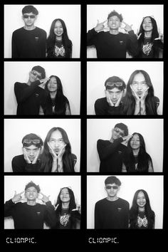 black and white photobooting of people posing for pictures with their hands on their faces