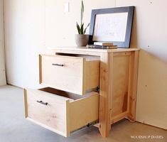 a wooden cabinet with two drawers and a potted plant sitting on top of it