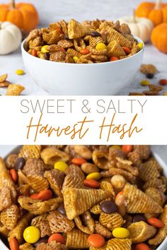 sweet and salty harvest snack mix in a white bowl with candy corn on the side