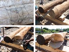 four different views of logs being worked on