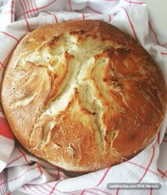 a loaf of bread sitting on top of a red and white checkered cloth