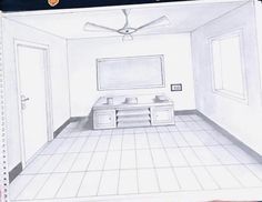 a drawing of a living room with a ceiling fan and white tiles on the floor