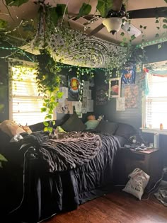 Dreamy Room Maximalist, Dark Plants Bedroom, Bedroom Ideas Fairy Grunge, Cozy Alternative Bedroom, Where To Hang Vines In Bedroom, Grunge Rugs In Bedroom, Plant Grunge Room, Dark Fairy Room Decor, Beanbag In Bedroom