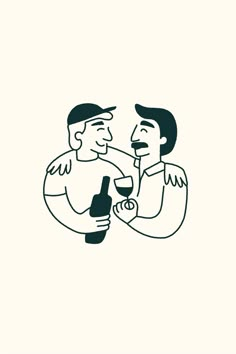 two men are sharing a glass of wine and toasting with each other, hand drawn in black ink on white paper