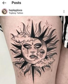 a woman's thigh with a sun and moon tattoo on it