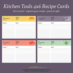 kitchen tools recipe cards with the words, kitchen tools 4x6 recipe cards