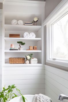 a bathroom with white shelving and plants on the shelf next to the bathtub