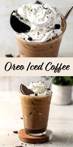 there are two cups with ice cream and oreo iced coffee