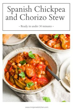 spanish chickpea and chorizo stew in a bowl