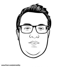 a black and white drawing of a man with glasses on his face, looking to the side