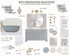 the bathroom renovation selections are shown in gray, white and gold colors with text overlays