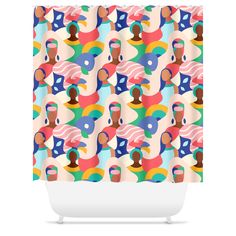 an abstract shower curtain with colorful shapes and colors on the shower curtain, it has a woman's face surrounded by stars