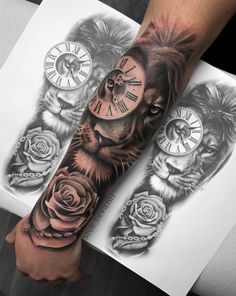 a man's arm with a clock, roses and lions tattoo on the forearm