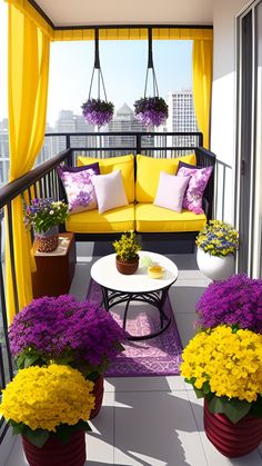 a yellow couch sitting on top of a balcony next to purple and yellow flowers in large potted plants