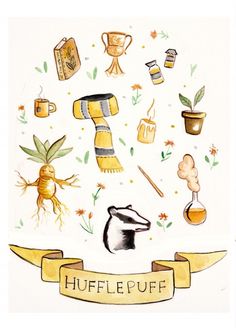 an illustration of the word hufflepuff surrounded by various items and plants in watercolor