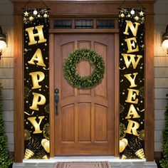 a happy new year decorated front door