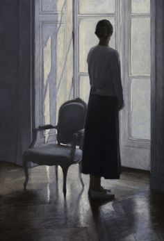 a painting of a woman standing in front of a window looking out at the outside