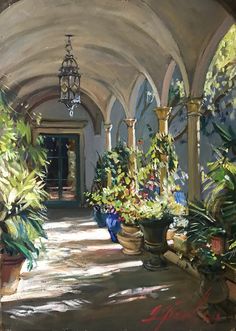 a painting of a hallway with potted plants on either side and a chandelier hanging from the ceiling