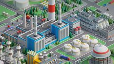 an industrial area with factory buildings, trees and other things in the background is depicted