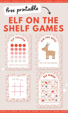 the printable elf on the shelf game is shown in three different colors and sizes