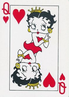 a playing card with an image of a woman on the front and two men on the back