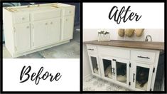 before and after photos of an old buffet cabinet with wood top, white paint on the doors and bottom