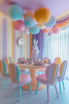 a dining room filled with lots of colorful chairs and balloons hanging from the ceiling over a round table