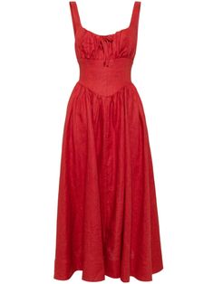 red linen lightweight corset style smocking details adjustable shoulder straps slip pockets to the sides scoop neck Sleeveless Linen Dress With Fitted Bodice, Tomato Color, Reformation Clothing, Sundried Tomato, The Reformation, Burgundy Fabric, Planet People, Linen Midi Dress, Water Consumption